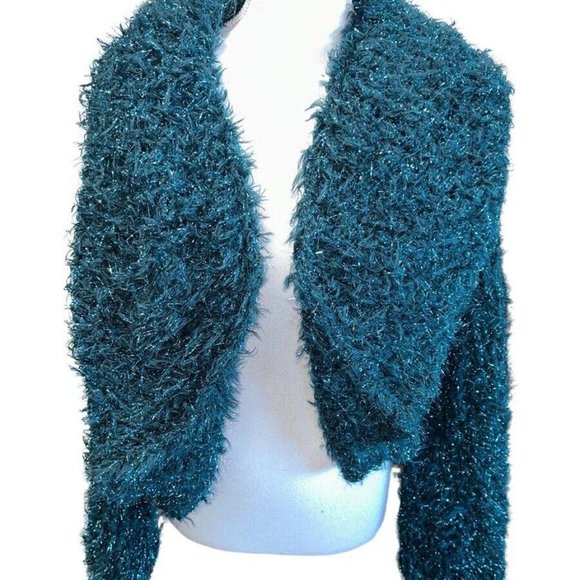 Free People Fuzzy Sparkle Bowen Cardi Cardigan Sz but fits M - L , Emerald Sea - Picture 4 of 6